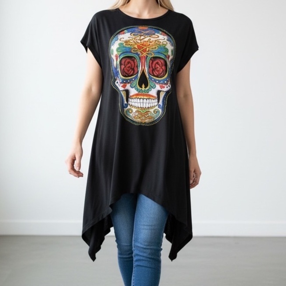 Ay Guey! Women's Large Black Skull Graphic Asymmetric Hem Tunic Shirt Mexico